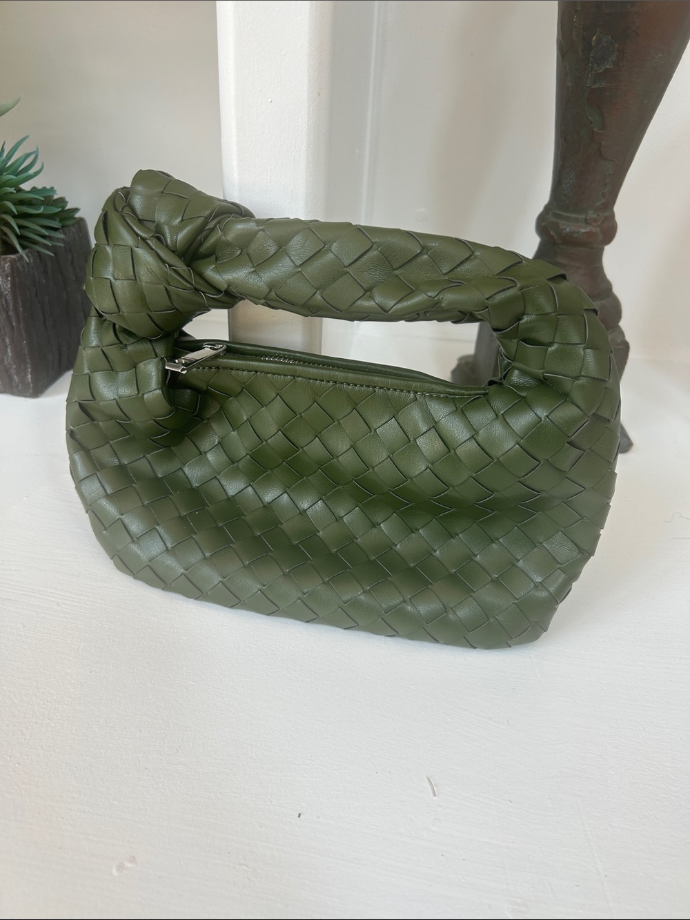 Olive Woven Knot Handle Shoulder Bag